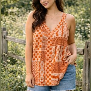 Rose & Olive Orange Patchwork Tank Top L V Neck Sleeveless Lightweight Blouse